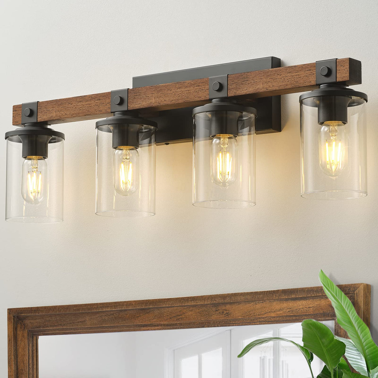 Bathroom Vanity Light Fixtures 4 Lights, Wooden Farmhouse Vanity Lights Rustic Bathroom Lights Over Mirror with Clear Glass Shade Black Industrial Wall Sconce for Bathroom Bedroom Hallway Kitchen GoYeel