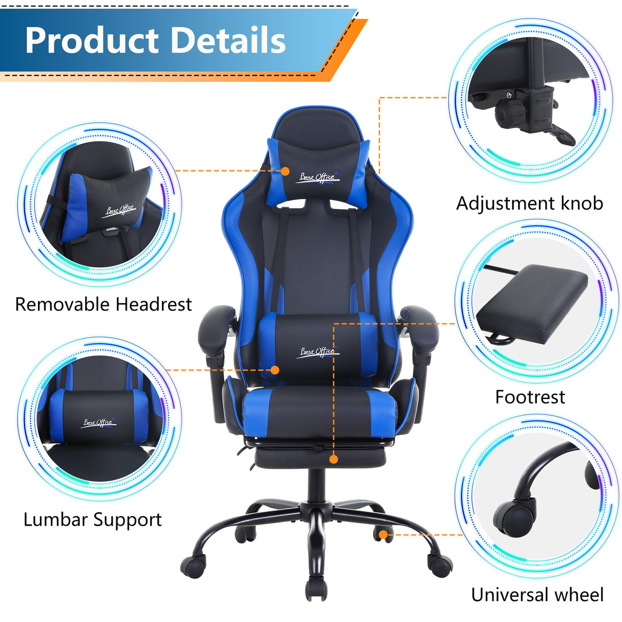 PayLessHere Ergonomic Racing Desk Chair Computer Chair Gaming Chair with Footrest Lumbar Support Headrest Armrest Task Rolling Swivel Ergonomic E-Sports Adjustable PC Gamer Chair (Blue) PayLessHere