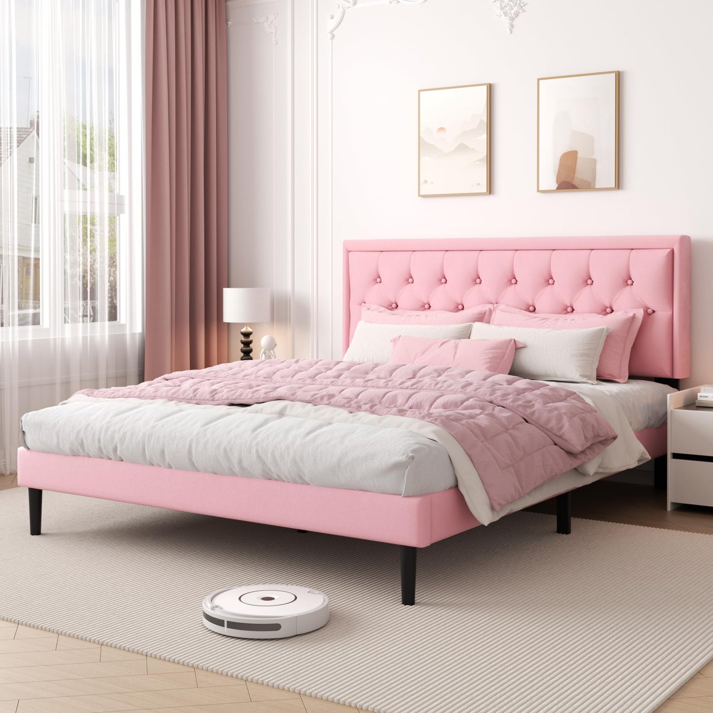 CXVX King Size Platform Bed Frame with Upholstered Velvet Button Tufted Headboard, Mattress Foundation with Wooden Slat Support, No Box Spring Needed, Easy Assembly, Noise Free, Pink