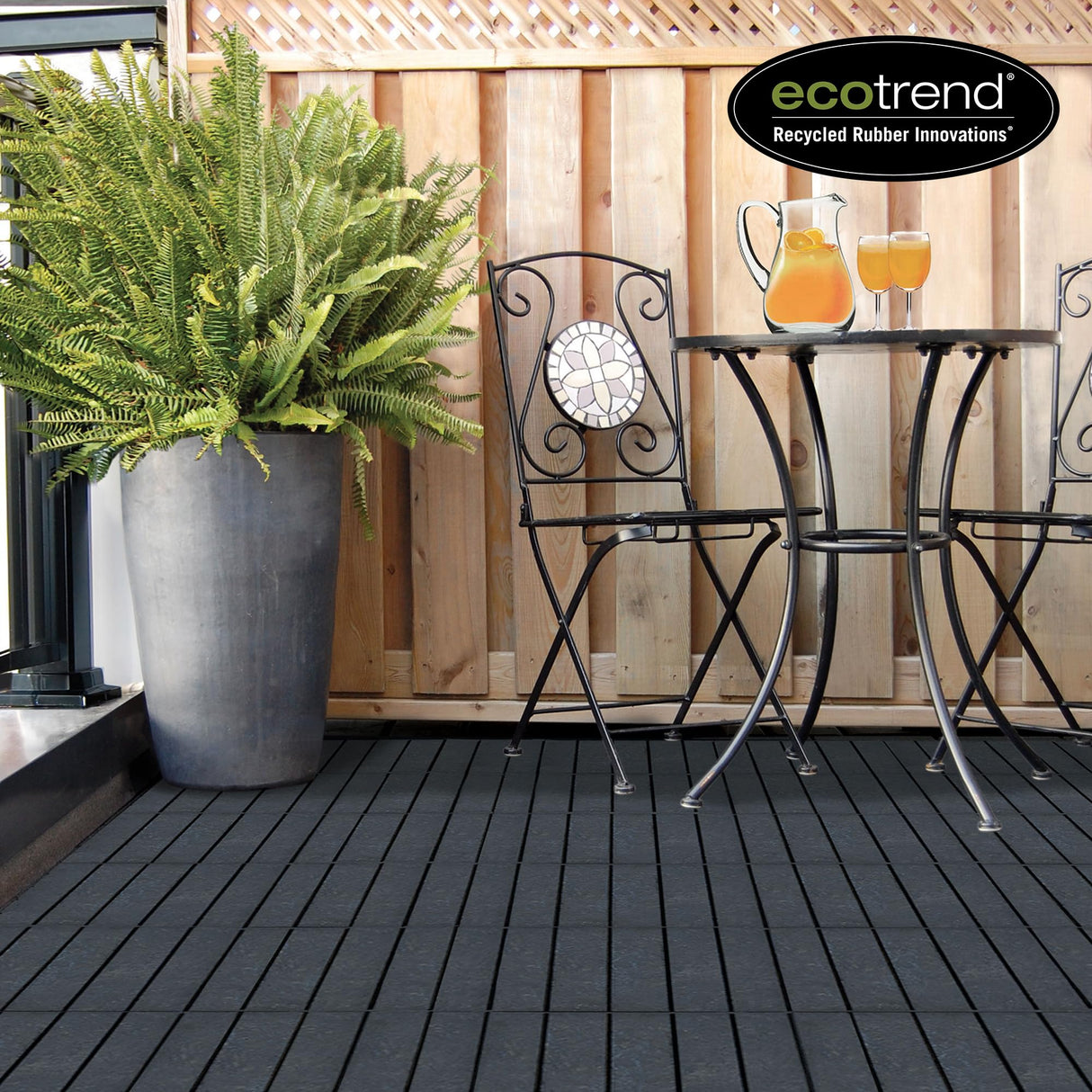 EcoTrend 24-Pack 12”x12” Interlocking Deck Floor Tiles, Slate Black – Rubber & Plastic Outdoor Flooring for Patio, Porch, Balcony, Pool Area, Garden, Garage or Backyard – Modular Decking Grid Panels Multy Home