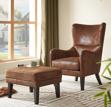 Merax High-Back Lounge Wingback Chair with Ottoman, Vintage Distressed Club Accent Arm Reading Lazy Side Sofa Upholstered Seating for Living Room, Corner, Bedroom, Dorm, Retro Cowboy, Brown Merax