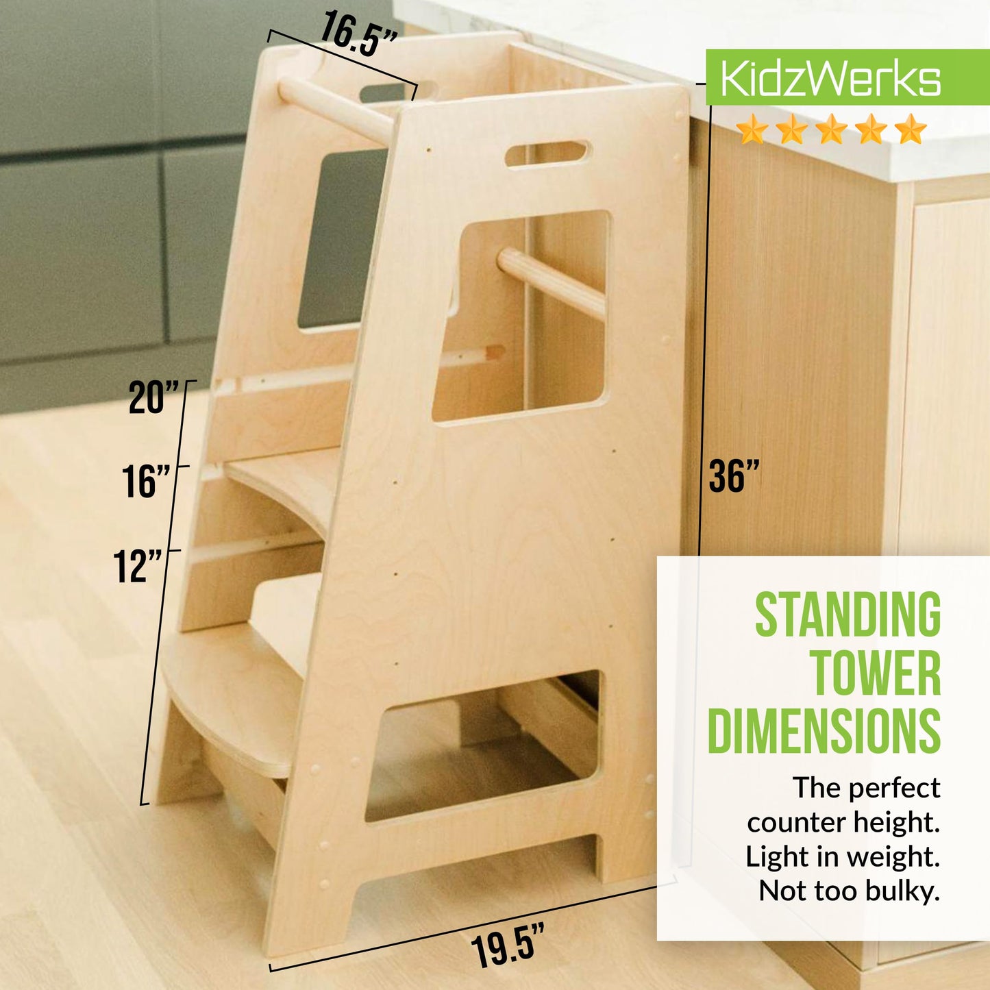 KidzWerks Child Standing Tower Kids Kitchen Step Stool Toddler Wood Stepping Stool - Children's Montessori Stool - Adjustable Platform, Natural Wood