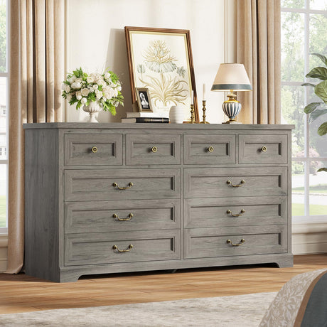 Hasuit Farmhouse 10 Drawers Dresser for Bedroom, 55.1" Wide Dresser Chest of Drawers, Rustic Wood Storage Dresser with Deep Drawers and Vintage Handle, Large Dresser for Bedroom, Closet, Hallway, Gray Hasuit