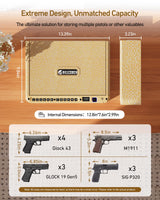 BILLCONCH Smart Gun Safe with Security Cable - Biometric Gun Safe for Handgun 4 Ways Quick Access with Fingerprint/Keypad/Key/APP Lock for Bedside Home Car with LCD/Voice Guide - Limited Gold BILLCONCH