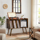 Lerliuo Record Player Stand with 4 Cabinet Holds Up to 220 Albums, Large Turntable Stand with Beech Wood Legs, Mid-Century Record Player Table,Brown Vinyl Holder Storage Shelf for Bedroom Living Room Lerliuo