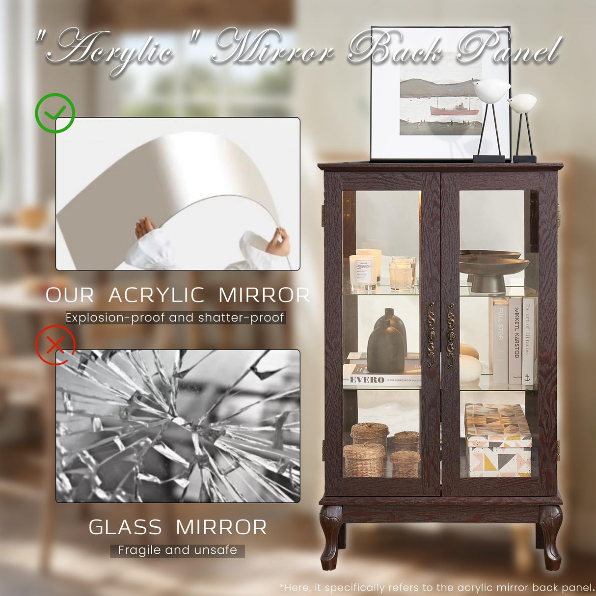 44"H Lighted Glass Display Cabinet with Glass Doors, Wooden Curio Cabinet with 3 Adjustable Shelves, Mirrored Back Panel, Arched China Cabinet for Living Room, Light Bulb Included (Dark Cherry) Eyisean