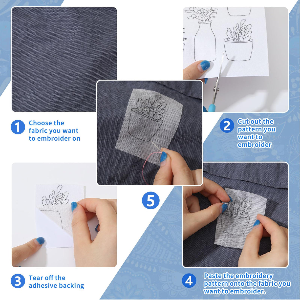 ORIGACH 4 Sheets 105 Pcs Water Soluble Embroidery Patterns Stabilizers - Pre-Printed Floral, Flowering Shrubs & Leaves Designs - Stick & Stitch Embroidery Paper for Hand Sewing Lovers ORIGACH