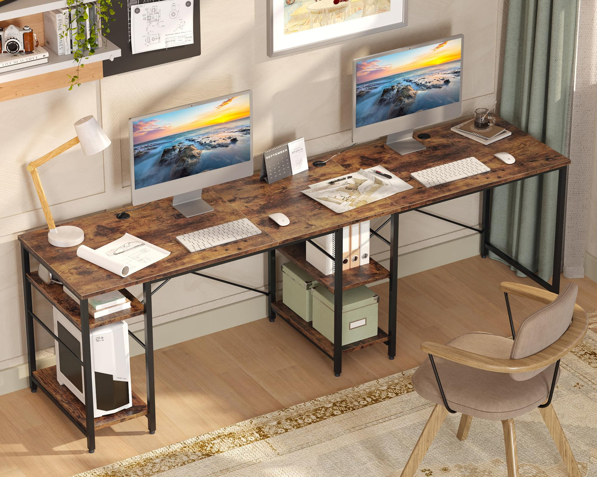 Bestier L Shaped Desk, 95.2 Inch Reversible Corner Computer Desk with Shelves, 2 Person Long Table for Home Office, Large Writing Storage Workstation with 3 Cable Holes, Rustic Brown Bestier