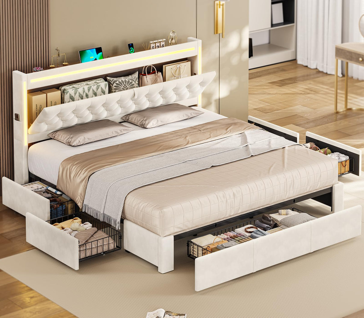 BTHFST King Upholstered LED Bed Frame with 5 Drawers, Velvet Hidden Storage Headboard with Charging Station, Button Tufted Headboard and Heavy Duty Metal Slats Support, No Box Spring Needed, Beige BTHFST