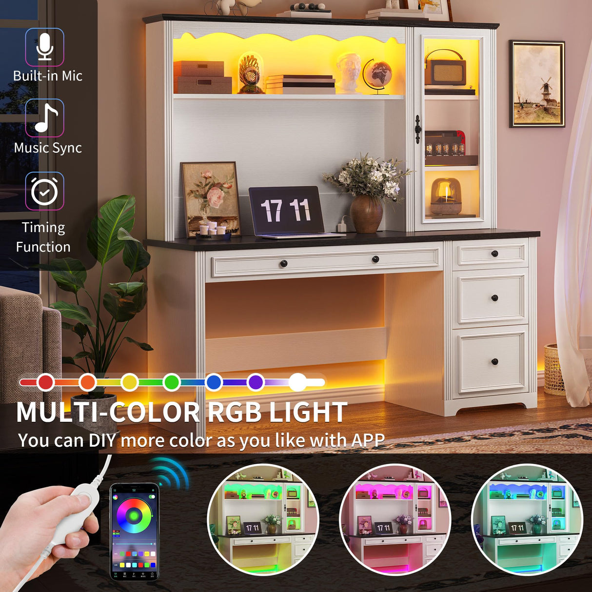 YITAHOME Executive Desk with Hutch and Drawers, Farmhouse Wood Computer Desk with Power Outlet & LED Lights, Home Office Desks with Storage Shelves, Storage Cabinet with Glass Door, White & Black YITAHOME