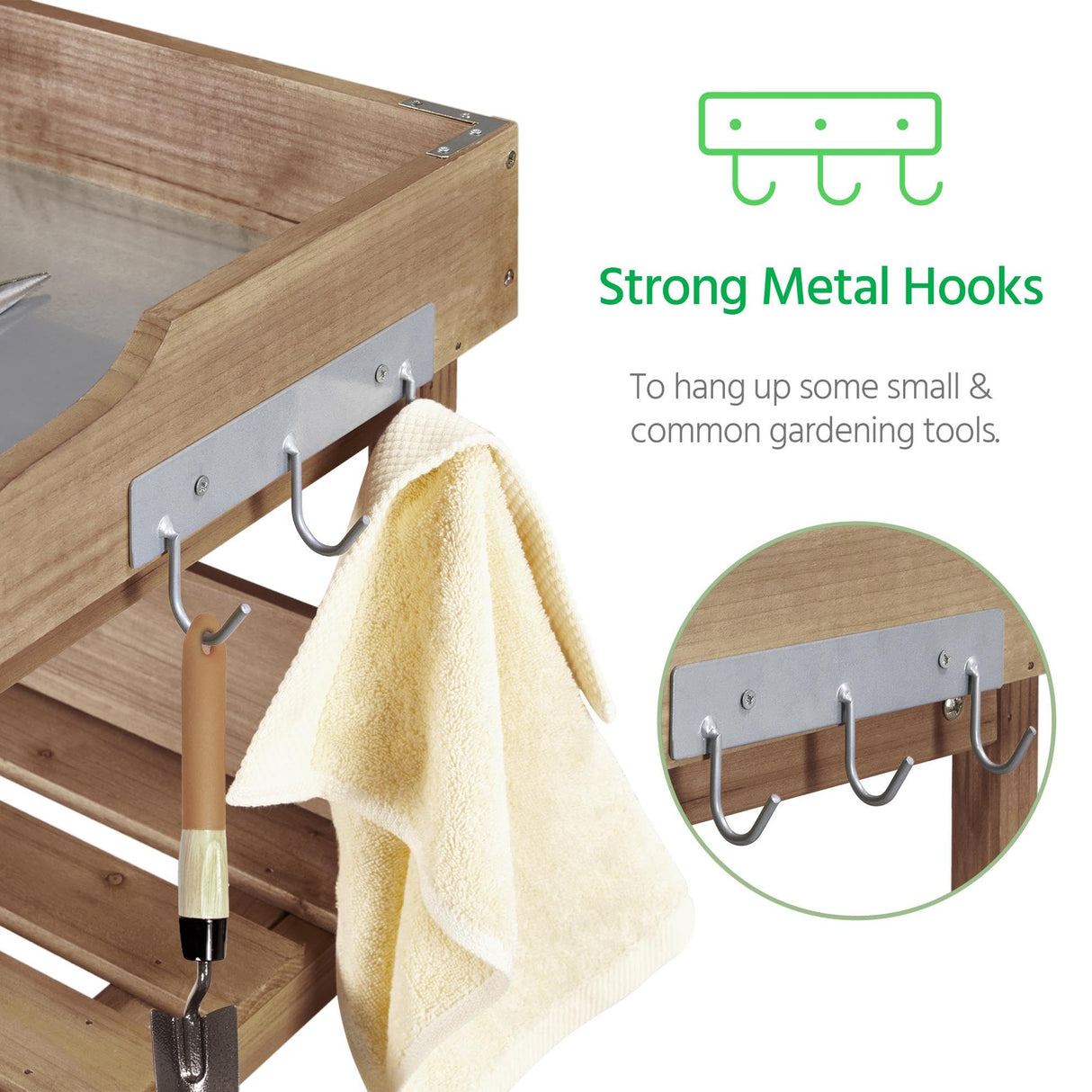 Yaheetech Outdoor Garden Potting Bench Table, Wooden Horticulture Planting Worstation w/Metal Tabletop/Storage Shelf/3 Hooks, Brown Yaheetech
