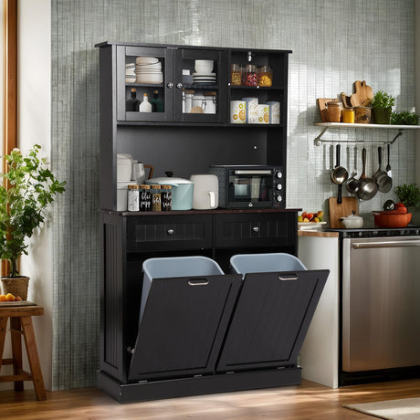 LOUVIXA Kitchen Pantry Storage Cabinet, Microwave Cabinet with Tilt Out Trash Cabinet,Tall Pantry Cabinet Cupboard, Freestanding Kitchen Hutch (Classic Black) LOUVIXA