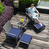 Patiorama 5 Piece Outdoor Patio Wicker Furniture Set, All Weather Grey PE Rattan Chair and Ottoman Footstool Set, W/Coffee Table, Cushions (Navy Blue) for Garden, Balcony, Porch, Space Saving Design Patiorama