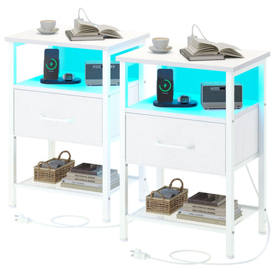 TRIFEBLE Night Stand Set 2, End Table with Charging Station, LED Bedside Table with Fabric Drawer for Bedroom, 3-Tier Side Table with Open Shelf, White