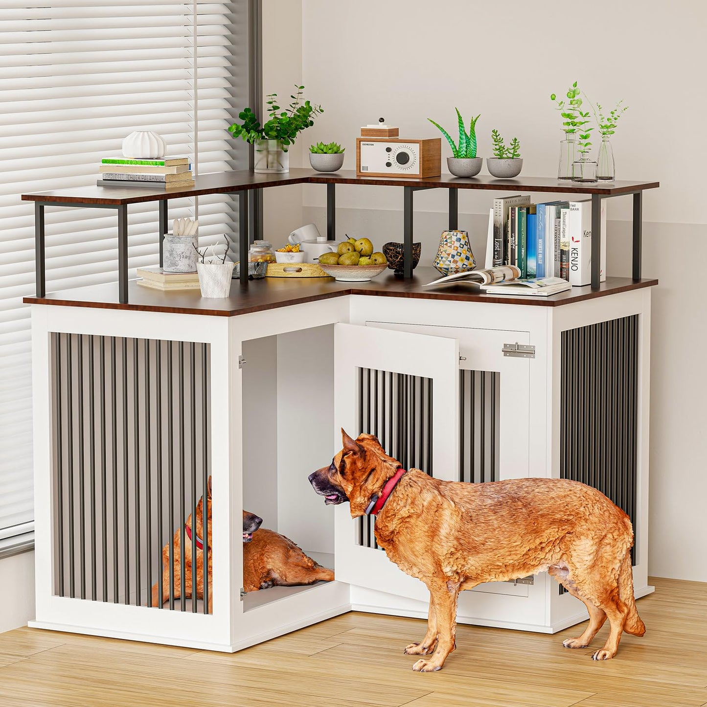 Corner Dog Crate Furniture, Decorative Dog Crate with Double Door Wooden Dog Crate Kennel Furniture with Divider Furniture Style Dog Crate End Table for Indoor Use (Black and White)