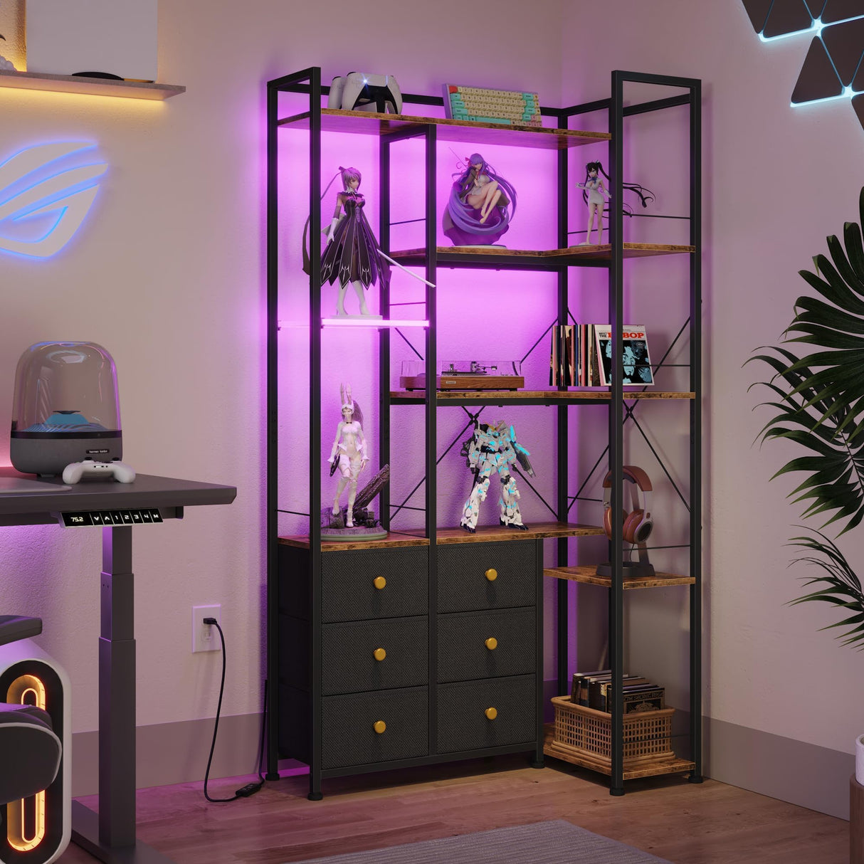 AFLUI Corner Bookshelf with LED Lights & 6 Fabric Drawers, 5-Tier Industrial L-Shaped Bookcase with Acrylic Display Shelf for Living Room, Office AFLUI