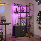 AFLUI Corner Bookshelf with LED Lights & 6 Fabric Drawers, 5-Tier Industrial L-Shaped Bookcase with Acrylic Display Shelf for Living Room, Office AFLUI