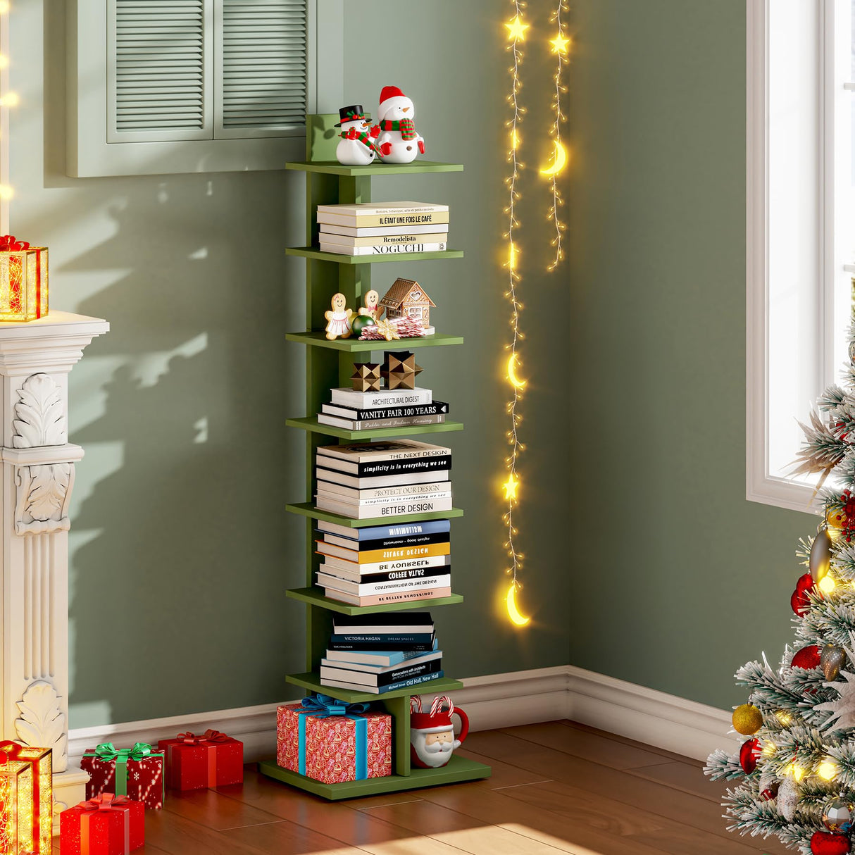 TUTOTAK Bookshelf, 8-Tier Bookcase, Narrow Spine Book Shelf for Small Space, Corner Standing Shelf for Living Room, Office, Study, Entryway, Olive Green BS06BOG008 TUTOTAK