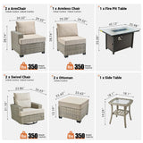 ovios 9 Piece Patio Sectional Furniture with 42" Fire Pit Table, Rattan Wicker Coversation Set with Swivel Chairs, Outdoor Sofa Set for Outside Porch Balcony Backyard Pool,Beige ovios