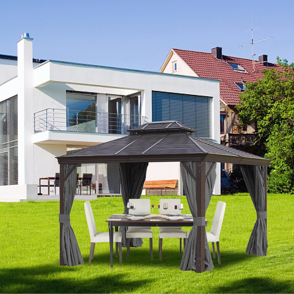 homegroove Gazebo Curtains Outdoor Waterproof 10 * 10ft, Privacy Curtains 4-Panels, Gazebo Replacement Curtain with Zipper for Garden, Patio, Yard (Only Curtains) Gray homegroove