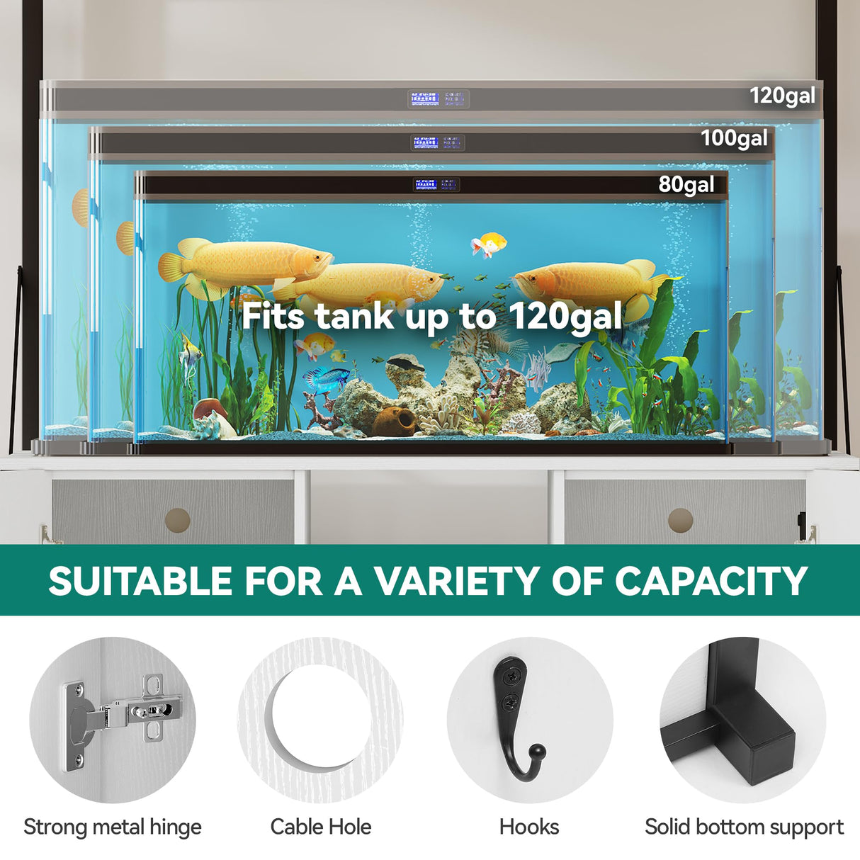 YITAHOME 120 Gallon Fish Tank Stand with Power Outlets, Heavy Duty Metal Large Aquarium Stand with Cabinet, Reptile Tank Turtle Terrariums Table for Fish Tank Accessories Storage,1100LBS Capacity YITAHOME