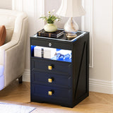 HNEBC 3 Color Dimmable LED End Table with Charging Station,Night Stand with Glass Desktop,Bedside Table with 3 Drawers for Bedroom,Black HNEBC