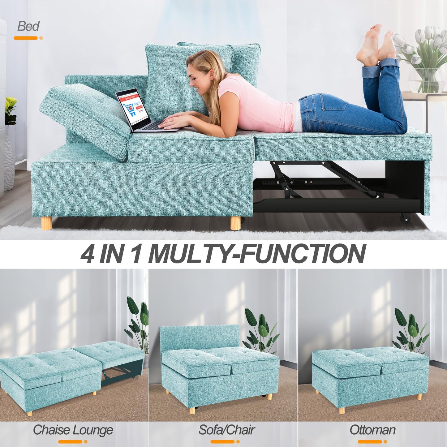 SEJOV Sleeper Sofa, 4-in-1 Convertible Ottoman Couch Bed, Modern Blue Line Futon Couch with 2 Pillows Adjustable Backrest and Armrests, Foldable Loveseat for Apartment Dorm, Office, Light Blue