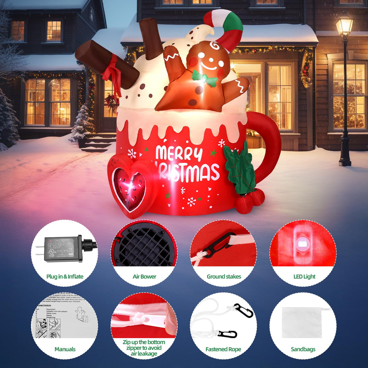 6.5 FT Christmas Inflatables Outdoor Decorations, Gingerbread Christmas Inflatable Hot Cocoa Mug with Built-in LEDs Blow Up Christmas Decoration for Garden Lawn Yard Patio Xmas Inflatable MGparty