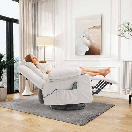 Massage Swivel Rocker Recliner with Lumbar Heat, Overstuffed PU Leather Recliners for Living Room, Modern Single Rocking Chair for Adults, Manual Rocker Recliner with Cup Holders for Bedroom, White Comermax