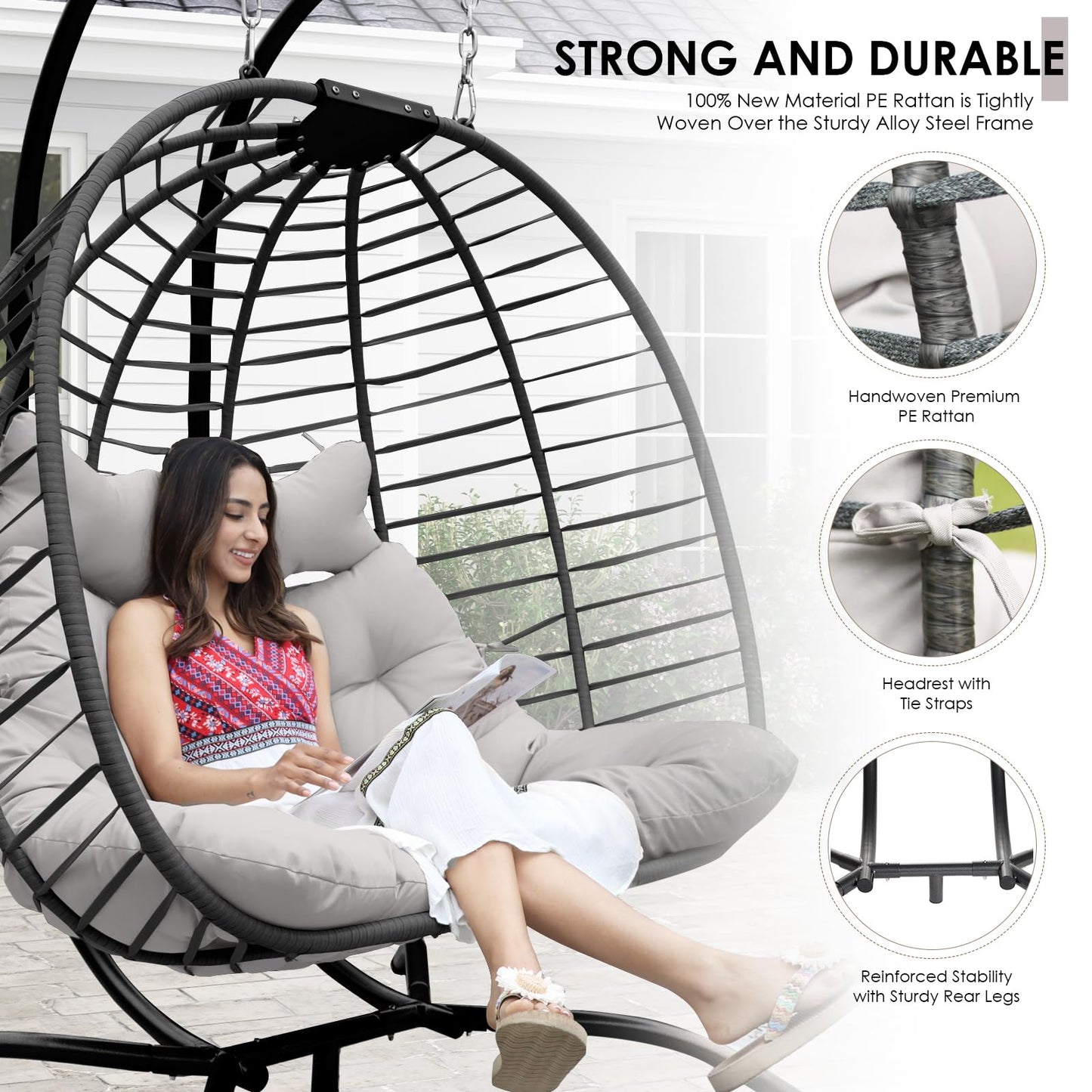 RADIATA 2 Person Wicker Swing Double Egg Chair Luxury Outdoor Patio Wicker Hanging Swing Egg Chairs with Water Resistant Cushions for Patio Backyard Balcony (Large, Gray)