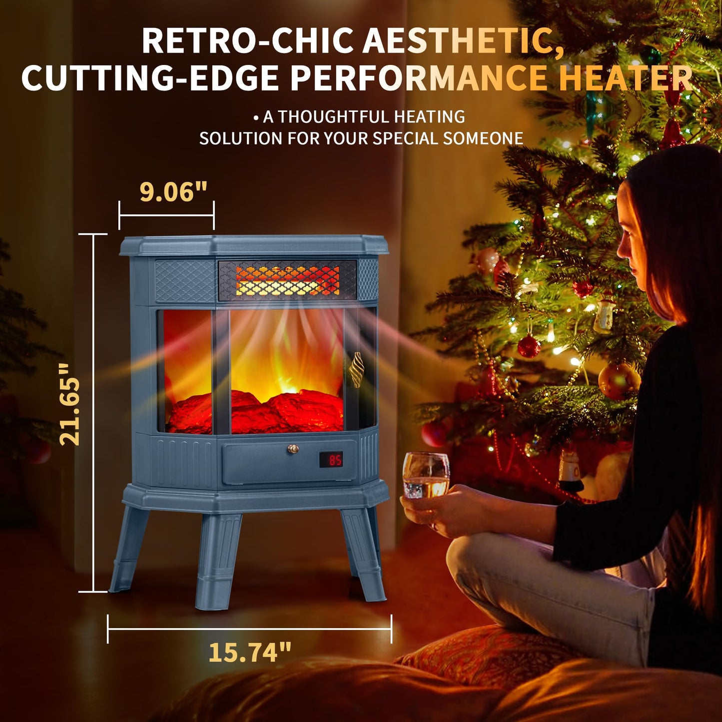 RealSmart Electric Fireplace Heater 22 in Freestanding Fireplace Stove Infrared Fireplace with 3D Flame Effect Remoted Control, Timer, Overheating Protection (Blue)