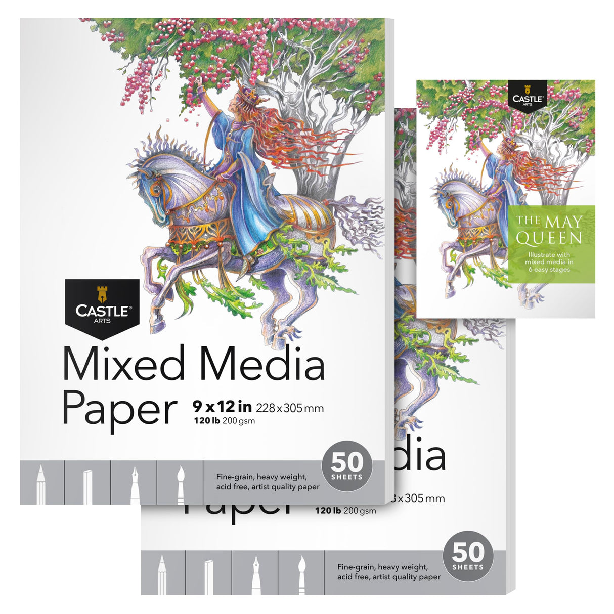 Castle Art Supplies Mixed Media Sketchpad 9 x 12in | 2-Pack | 50 Sheets Each (200 gsm/120lb) Artist Fine Grain, Heavyweight Paper | Creative Freedom Across Media and Techniques (9 x 12, 2-Pack) Castle Art Supplies