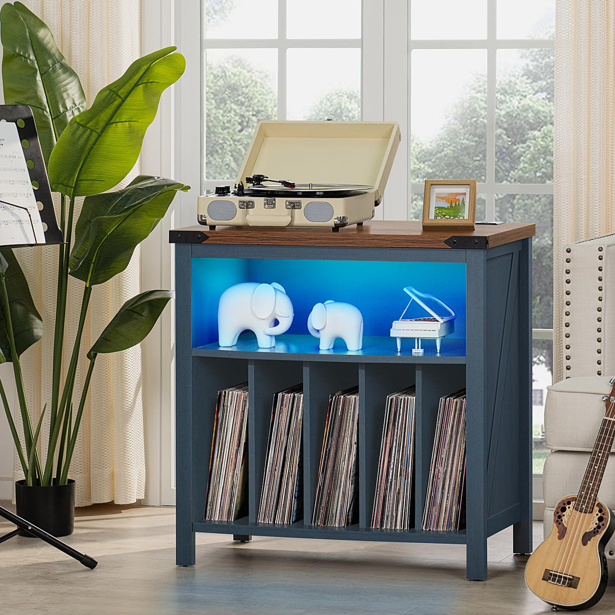 Joaxswe Large Record Player Table with Charging Station & LED Lights, Blue Vinyl Record Storage Cabinet Holds up to 230 Albums, Turntable Stand with Display Shelf for Music Room Bedroom Living Room Joaxswe