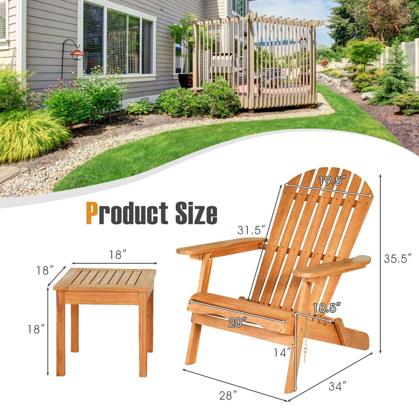 Tangkula 3 Pieces Adirondack Chair Set, Outdoor Wood Furniture Set with 2 Folding Lounge Chairs & Side Table, Widened Armrest, Slatted Design, All Weather Conversation Set for Garden Patio Ba - WoodArtSupply