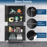 AFAIF Black Metal Storage Cabinet with Wheels, 73" Tall Garage Rolling Storage Cabinet with Doors and Shelves, Lockable Tool Cabinet Steel Locking Cabinets for Home Office, Garage, Pantry AFAIF