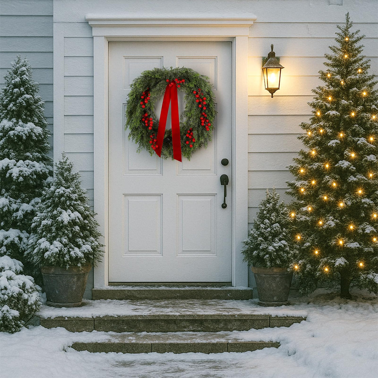 Suncalla 24'' Artificial Cedar Wreath for Front Door Christmas Wreaths Faux Cedar Decorated with Berry and Ribbons Xmas Wreath for Indoor Window Wall Fireplace Holiday Decor Suncalla
