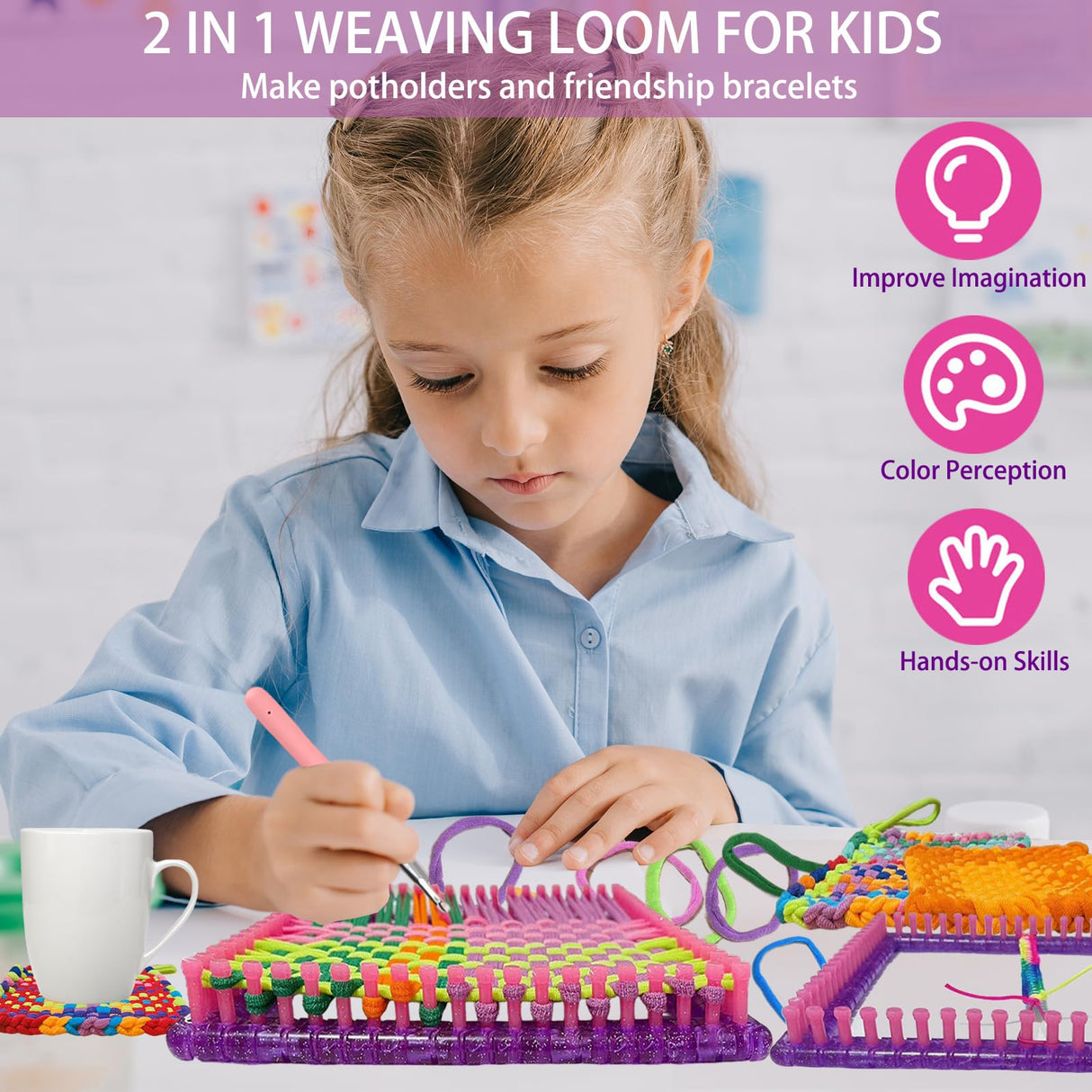 Weaving Loom for Kids and Adults, Arts and Crafts Potholder Loom Kit with 288 Colorful Loops, 2-in-1 Weaving Loom Kit for Girls Ages 5 6 7 8-12 13, DIY Weaving Kit Birthday Gifts for Beginners Bukicho