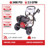 SIMPSON Cleaning CM61083 Clean Machine 3400 PSI Gas Pressure Washer, 2.5 GPM, CRX Engine, Includes Spray Gun and Wand, 4 QC Nozzle Tips, 5/16-in. x 25-ft. MorFlex Hose, 49-State SIMPSON