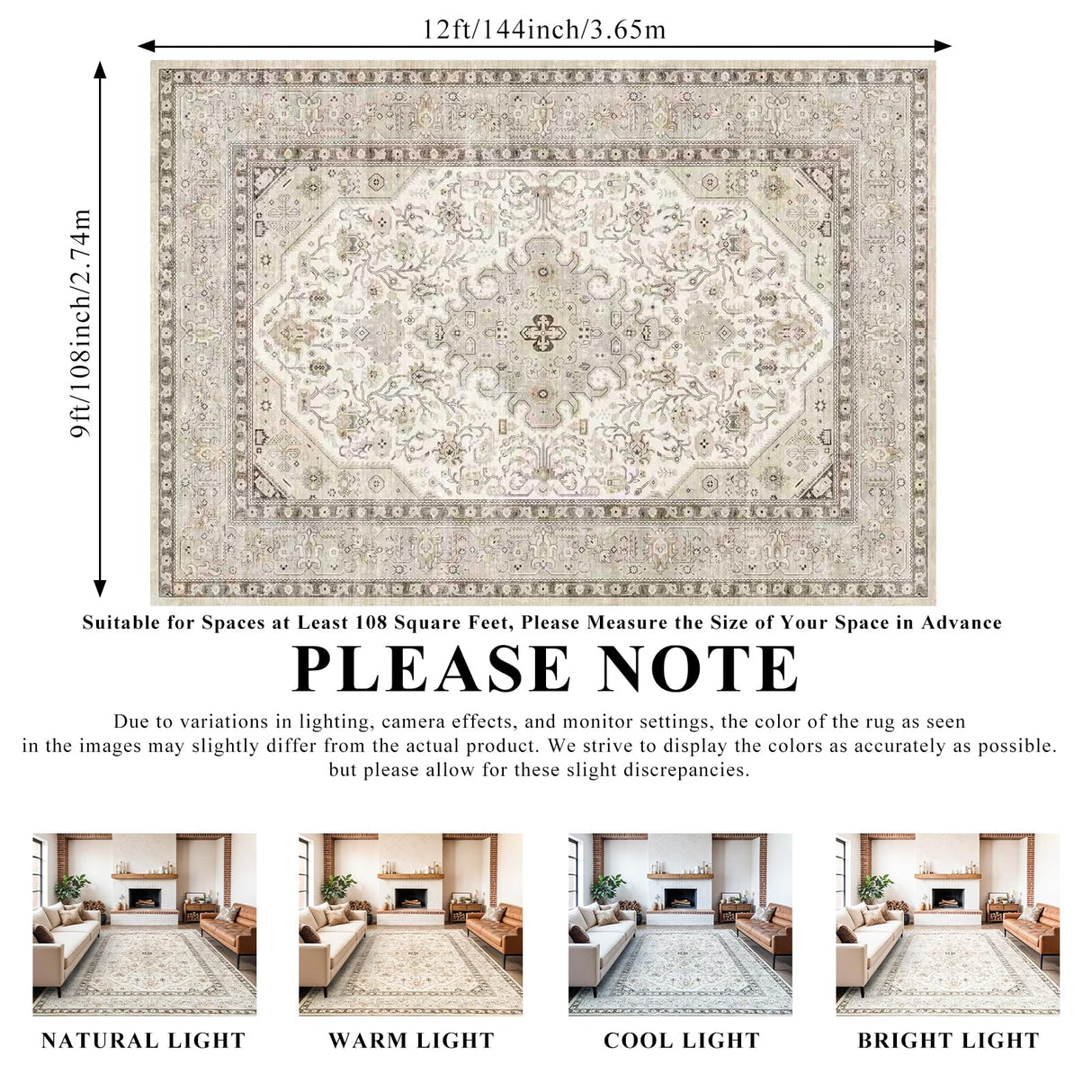 HILORUUG Washable Area Rug 9x12 - Bedroom Living Room Large Indoor Oriental Rugs - 0.13inch Low Pile Stain Resistant Rugs with Rubber Backing for at Least 108 sq ft Spaces (9x12 Ivory/Multi) HILORUUG