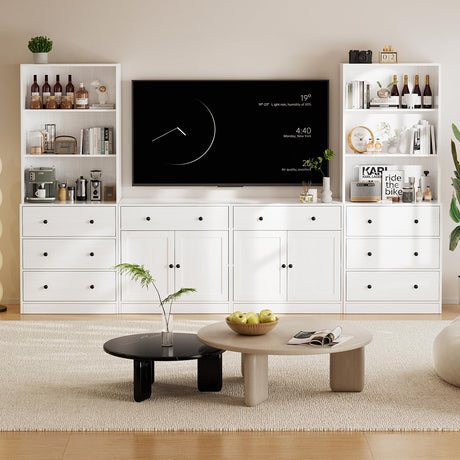 TUSY 4-Piece Large TV Stand with Bookshelves for TVs up to 75", TV Entertainment Center Media Center with Tempered Glass Doors and Shelves, TV Hutch for Living Room White (2A+2C) TUSY