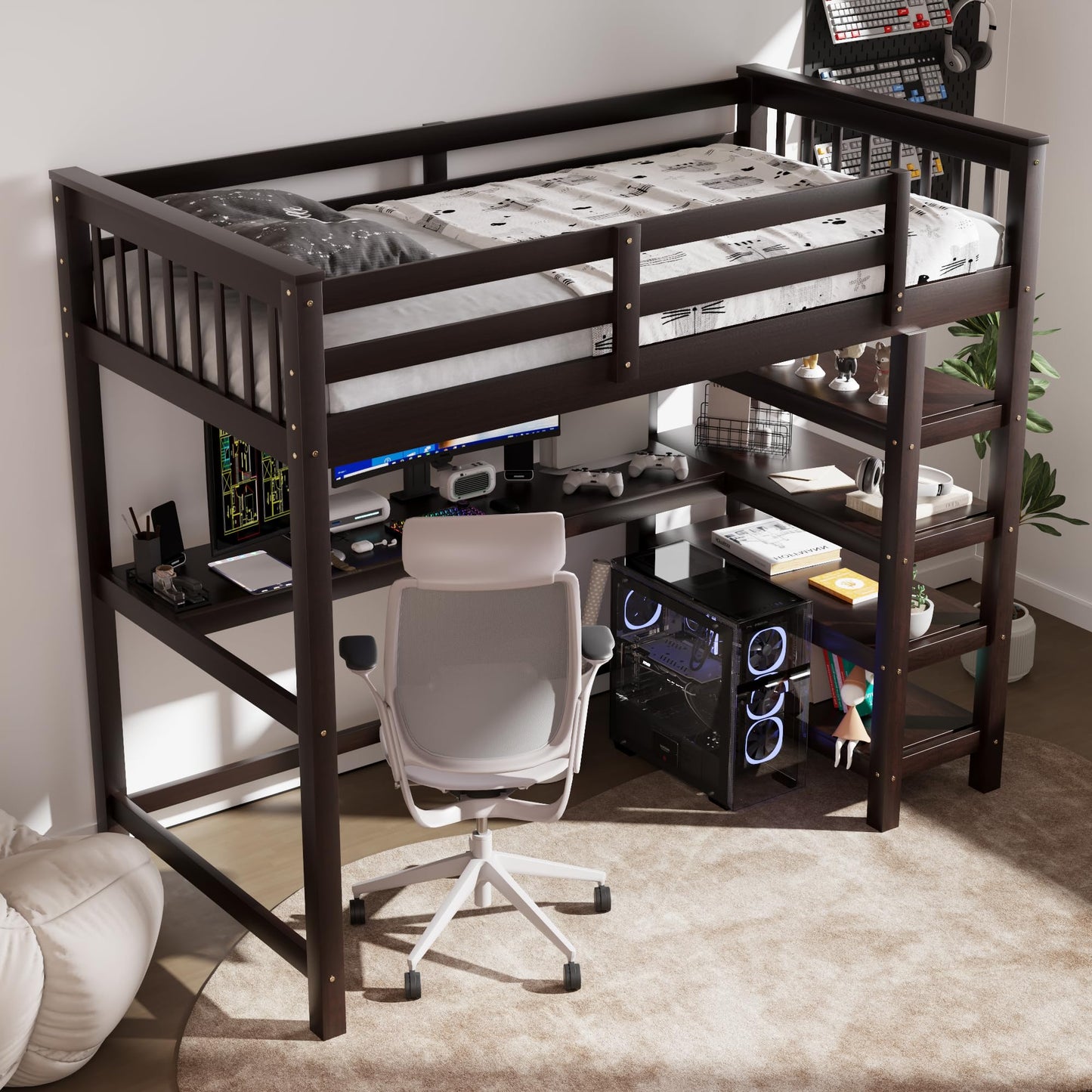 Revamp your space with the Merax Espresso Twin Loft Bed featuring a Desk and Storage Shelves - WoodArtSupply