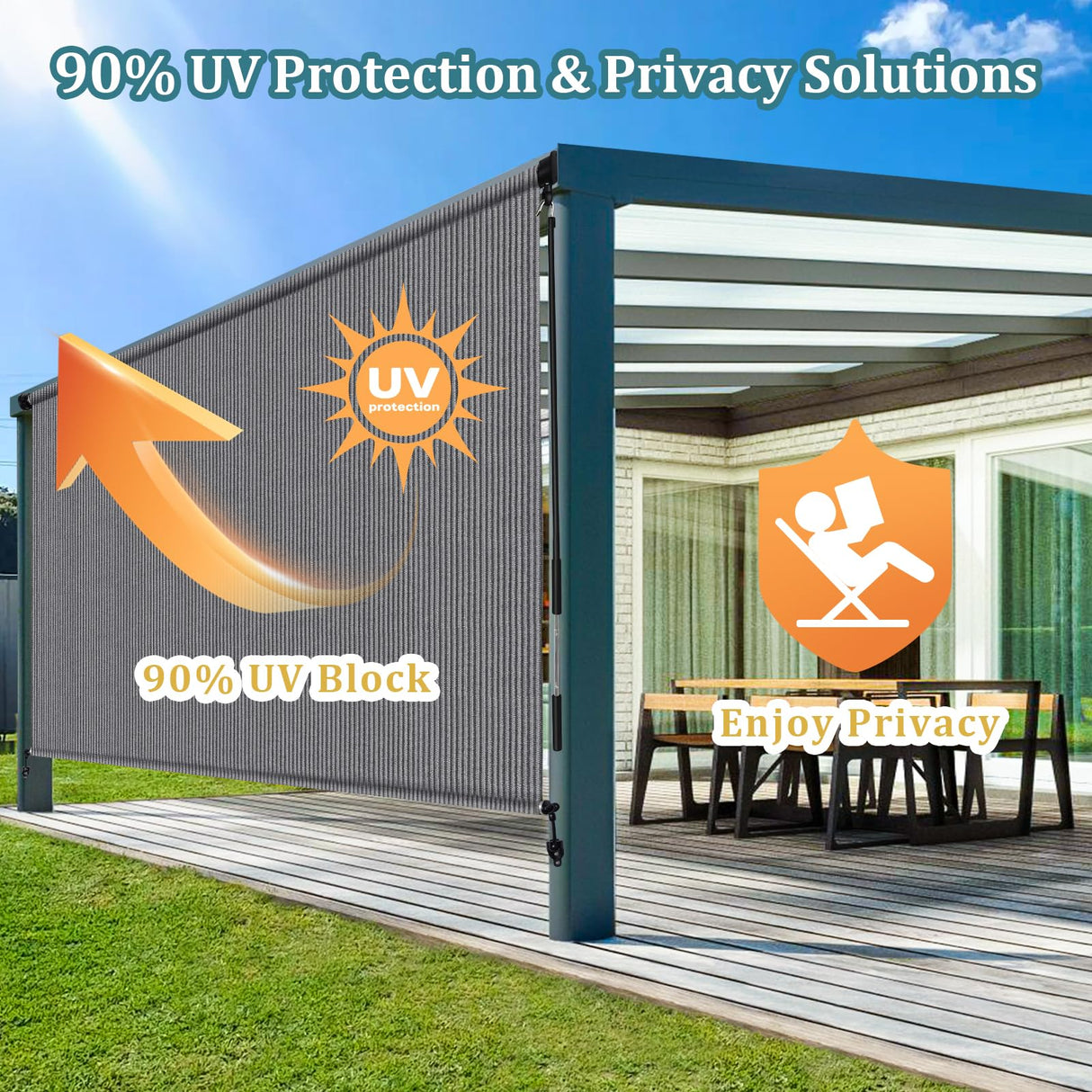 Shade&Beyond Outdoor Roller Shades with Splicing Design, 8' W x 8' H Cordless Patio Roll Up Blinds, Exterior Shade Cloth Roll for Porch, Gazebo, Pergola, Balcony, Gray Shade&Beyond