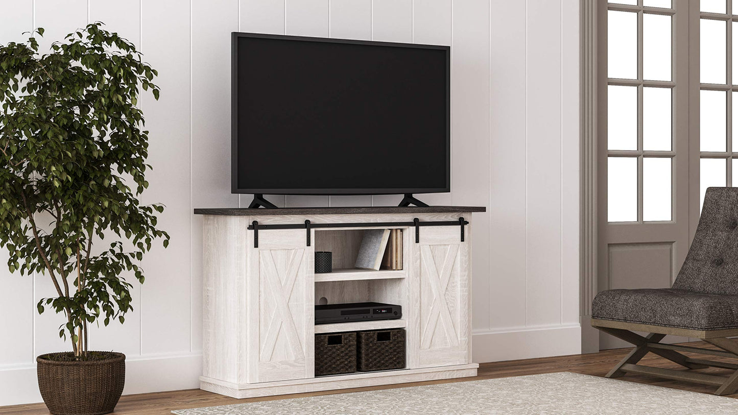 Signature Design by Ashley Dorrinson Farmhouse TV Stand Fits TVs up to 50" with Sliding Barn Doors and Storage Shelves, Whitewash & Gray - WoodArtSupply