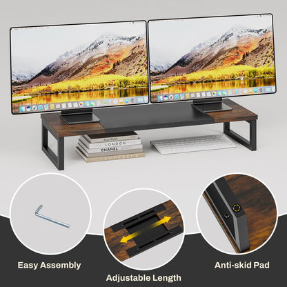 SYDWORKSHOP Expandable Dual Monitor Stand for Desk, Wood Monitor Riser Adjustable Length 19'' to 28'', Versatile Desktop Shelf for Gaming Computer Screens, Laptop, TV, Printer - WoodArtSupply