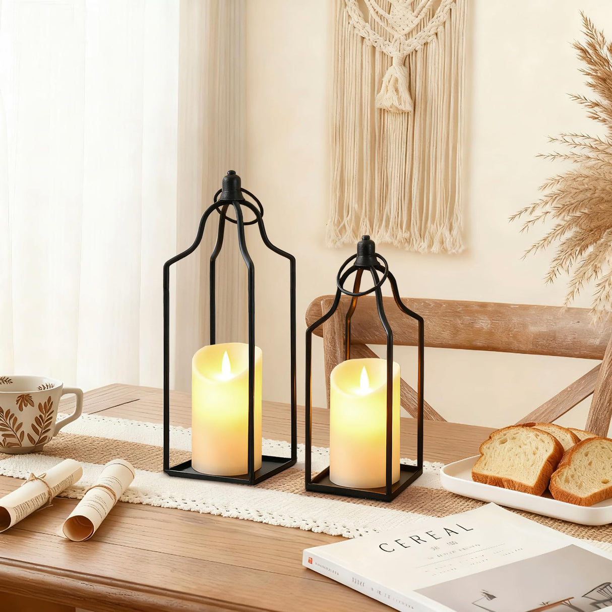 Rustic Farmhouse Decor Metal Lantern Set of 2 Decorative Lanterns for Home Indoor Outdoor Living Room, Fireplace, Patio, Wedding & Kitchen Table Centerpieces Gelazurem