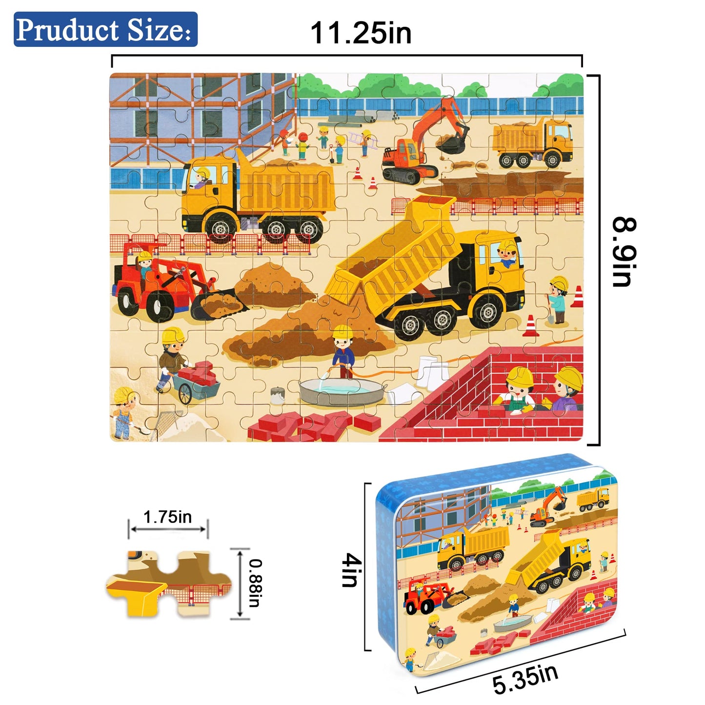 LELEMON 100 Pieces Jigsaw Puzzles in a Metal Box for Kids Age for 4-8 Boys Girls Toy Puzzles Construction Site Vehicles Children Learning Educational Puzzles Toys