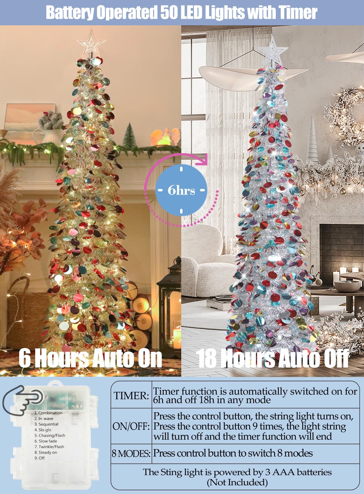 HMASYO 5 FT Pop Up Christmas Tree with Timer Lights, Sliver Tinsel Christmas Tree, Collapsible Artificial Pencil Christmas Tree for Indoor Home Apartment Porch Office Holiday Party Decorations