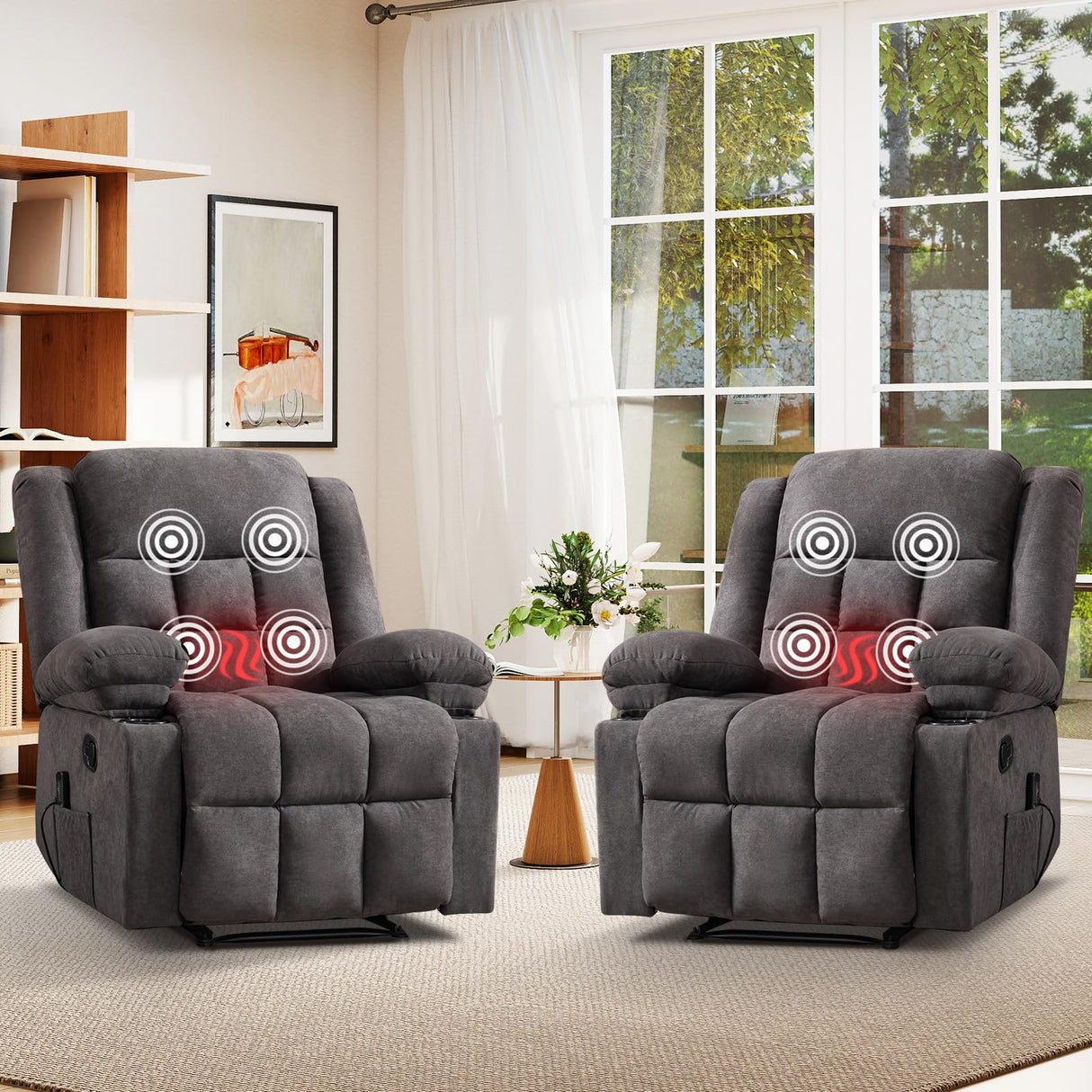 HAOMARKETS Classic Manual Recliner Set of 2 with Massage and Heat for Adults, Breathable Fabric Recliners with Two Cup Holders, Overstuffed Heavy Duty Reclining for Living Room, Grey HAOMARKETS