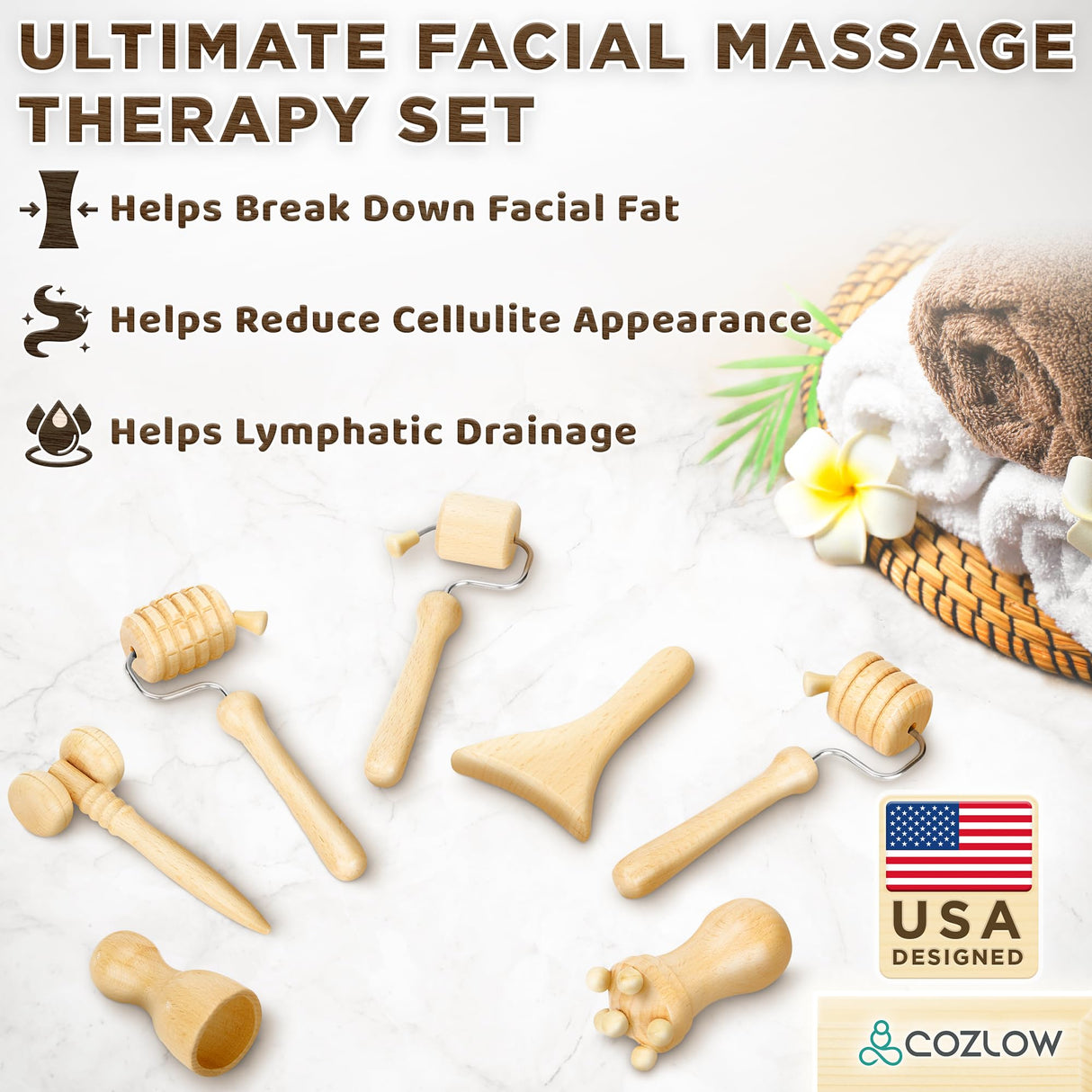 COZLOW Wood Therapy Facial Massage Tools (7 Piece Set), Gua Sha Wooden Face Massager Kit for Face Lifting, Lymphatic Drainage, Skin Care & Anti-Aging COZLOW
