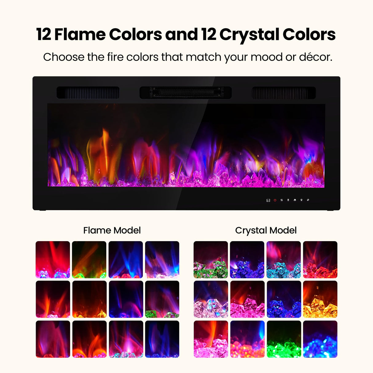 Electric Fireplace Inserts 42 Inch Wide, RealSmart Wall Mounted Fireplace 750W/1500W in-Wall Recessed Heaters with Remote Control, Timer, 12 Adjustable Color Flame & Brightness, Touch Screen RealSmart